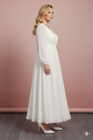 Premium Büyük Beden Nikah Elbisesi – Beyaz, Kruvaze Yaka, Akışkan Kloş Form ND4030 - 3