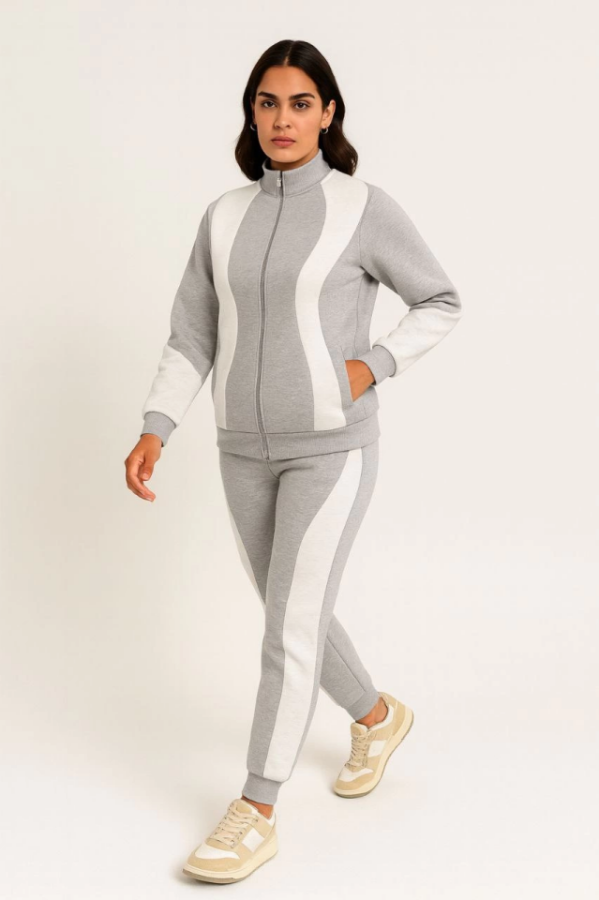 Premium Parçalı Eşofman Takım - Dik Yaka Fermuarlı Sweatshirt - Gri - 1