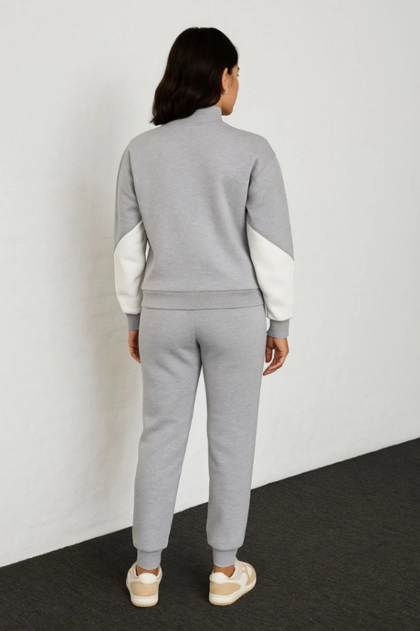 Premium Parçalı Eşofman Takım - Dik Yaka Fermuarlı Sweatshirt - Gri - 3