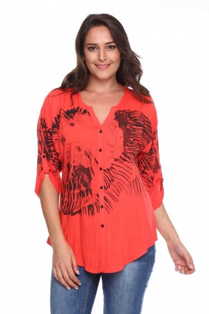 Printed Stone Detail Plus Size Shirt Blouse Coral - 1