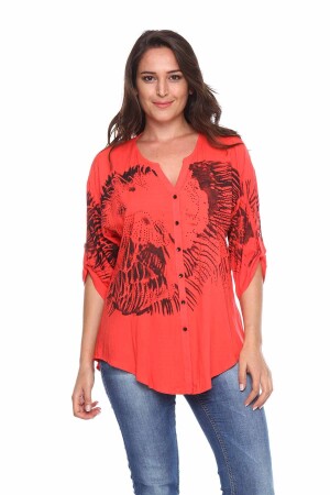 Printed Stone Detail Plus Size Shirt Blouse Coral - 2
