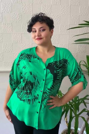 Printed Stone Detail Plus Size Shirt Blouse Green - 1