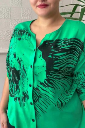 Printed Stone Detail Plus Size Shirt Blouse Green - 3