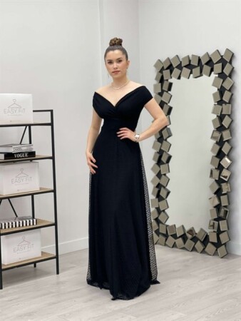 Puantiye Detaylı Kayık Yaka Elbise - SİYAH - Angelino Moda