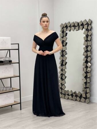 Puantiye Detaylı Kayık Yaka Elbise - SİYAH - Angelino Moda (1)