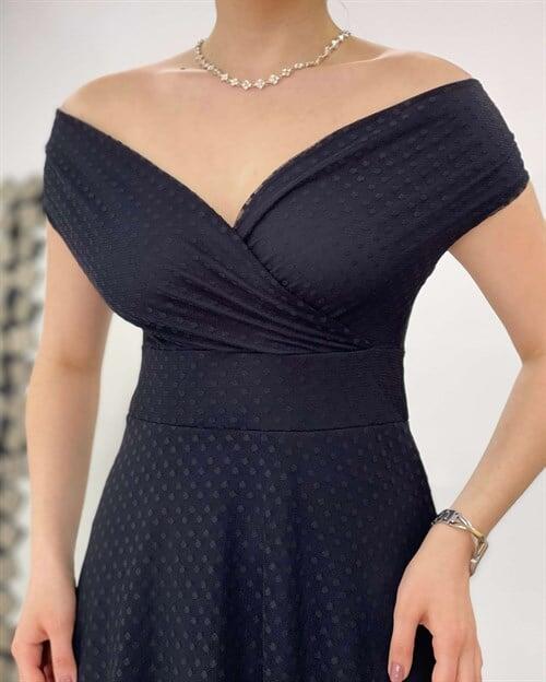 Puantiye Detaylı Kayık Yaka Elbise - SİYAH - 3