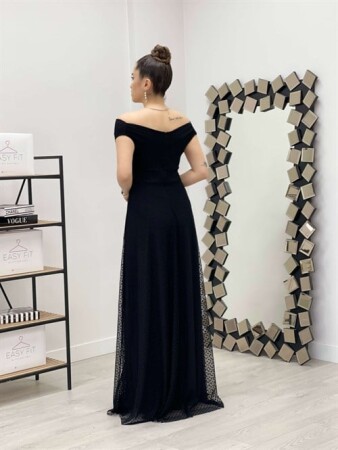 Puantiye Detaylı Kayık Yaka Elbise - SİYAH - 6