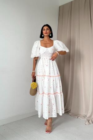 Pudra Dantel Detaylı Brode Elbise - ANGELINO BuyukBedeniz