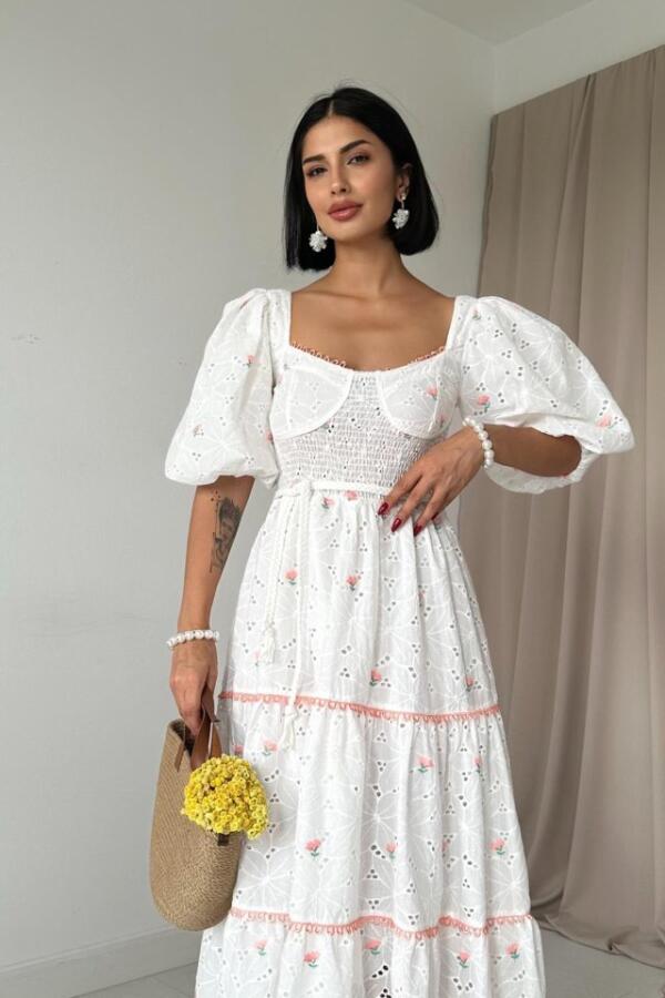 Pudra Dantel Detaylı Brode Elbise - 2