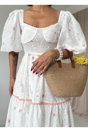 Pudra Dantel Detaylı Brode Elbise - 3