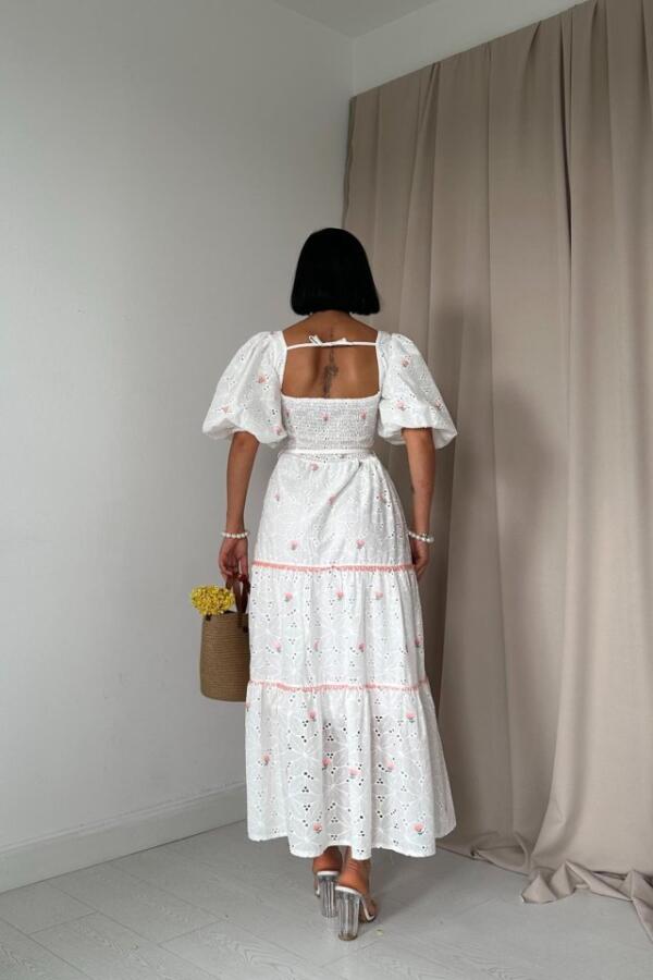 Pudra Dantel Detaylı Brode Elbise - 4