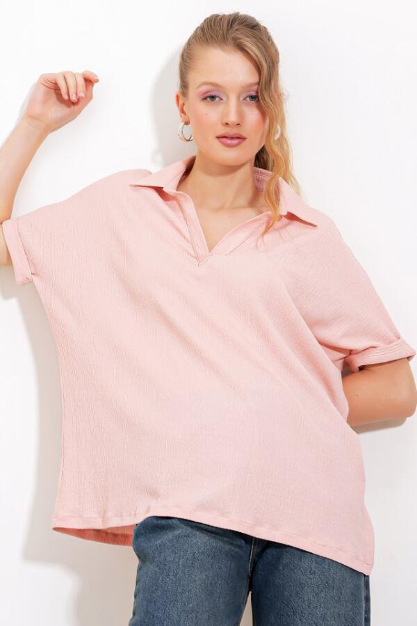 Pudra Oversize Polo Yaka Örme Bluz 0486 - 1