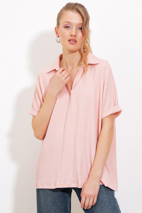 Pudra Oversize Polo Yaka Örme Bluz 0486 - 2