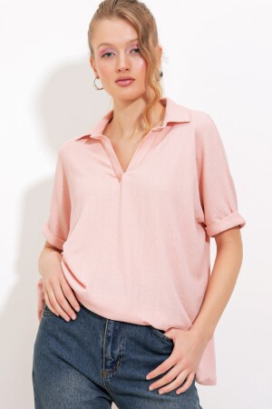 Pudra Oversize Polo Yaka Örme Bluz 0486 - 3