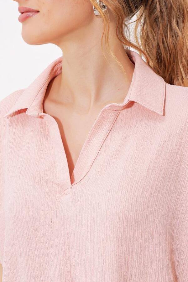 Pudra Oversize Polo Yaka Örme Bluz 0486 - 4