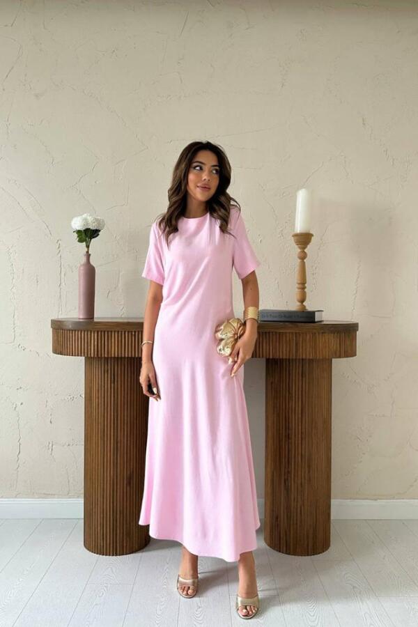 Pudra Pileli Bisiklet Yaka Elbise - 1