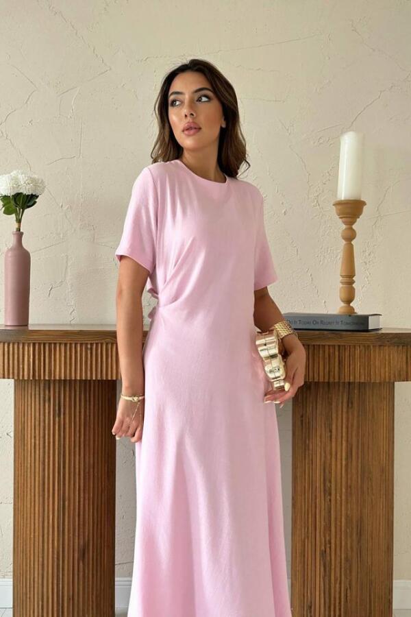 Pudra Pileli Bisiklet Yaka Elbise - 3