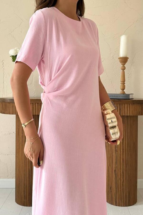 Pudra Pileli Bisiklet Yaka Elbise - 4