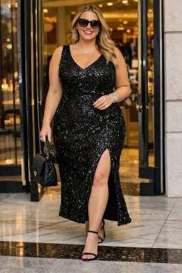 Pul Payet Büyük Beden Elbise Nd4016 Siyah - 1