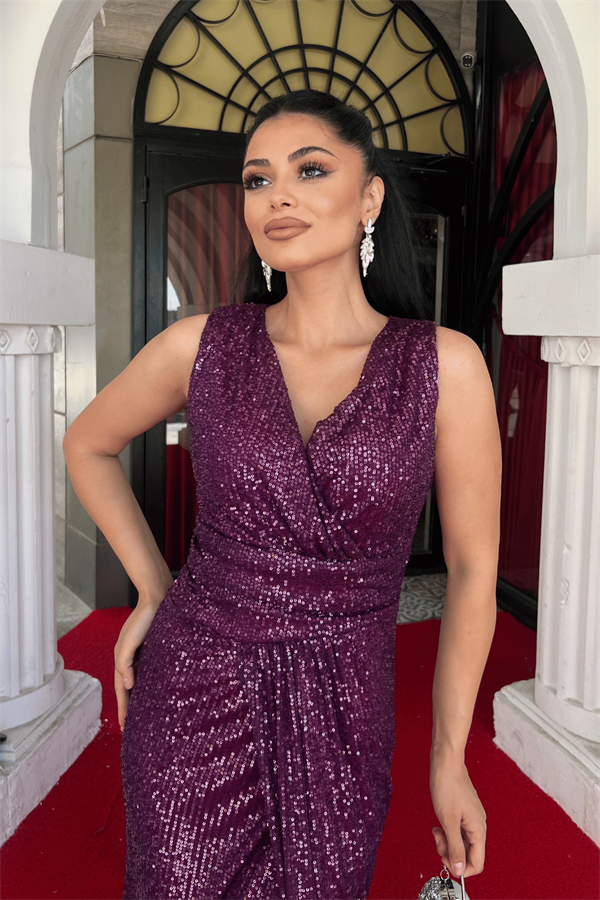 Pul Payet Kumaş Balık Abiye Elbise - PATLICAN MOR - 3