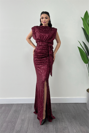 Pul Payet Kumaş Büzgü Detaylı Abiye Elbise - BORDO - Angelino Moda