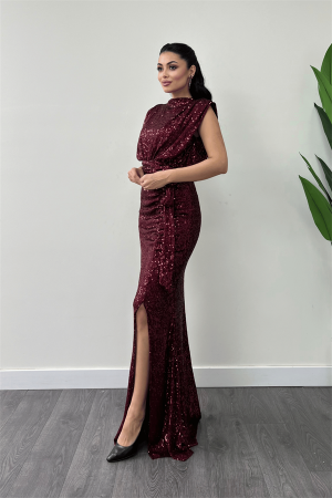 Pul Payet Kumaş Büzgü Detaylı Abiye Elbise - BORDO - Angelino Moda (1)