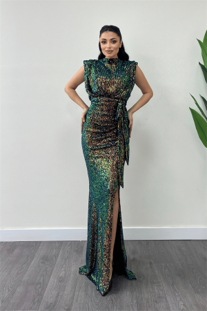 Pul Payet Kumaş Büzgü Detaylı Abiye Elbise - BRONZ - Angelino Moda