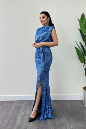 Pul Payet Kumaş Büzgü Detaylı Abiye Elbise - İNDİGO MAVİ - Angelino Moda (1)