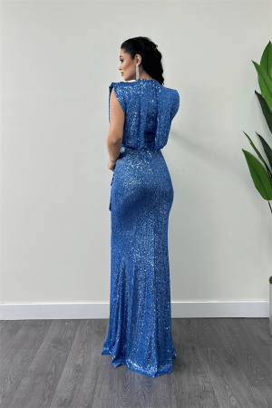 Pul Payet Kumaş Büzgü Detaylı Abiye Elbise - İNDİGO MAVİ - 5