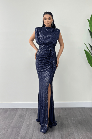 Pul Payet Kumaş Büzgü Detaylı Abiye Elbise - LACİVERT - EİPOM (1)