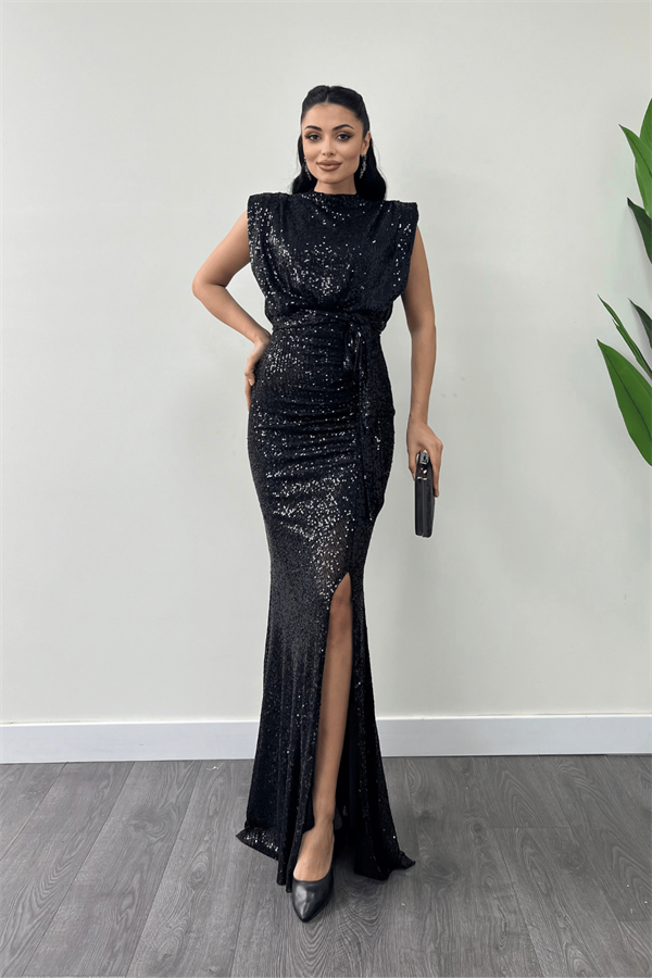 Pul Payet Kumaş Büzgü Detaylı Abiye Elbise - SİYAH - 1