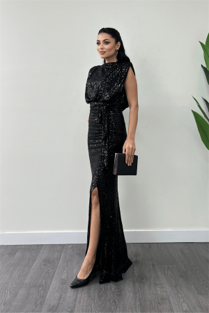 Pul Payet Kumaş Büzgü Detaylı Abiye Elbise - SİYAH - Angelino Moda (1)