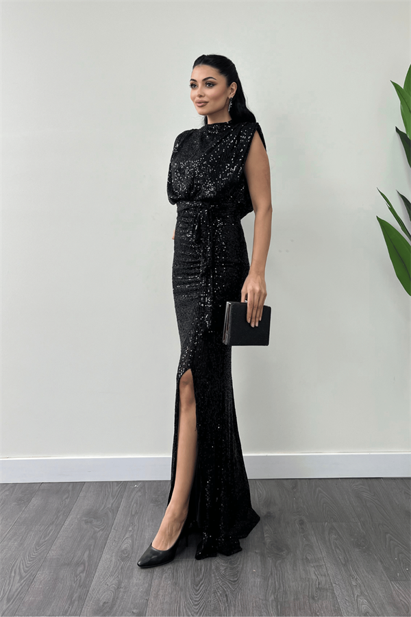 Pul Payet Kumaş Büzgü Detaylı Abiye Elbise - SİYAH - 2