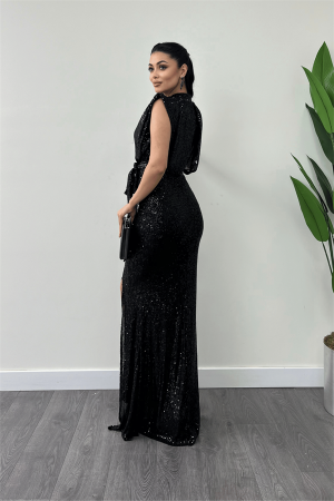 Pul Payet Kumaş Büzgü Detaylı Abiye Elbise - SİYAH - 5