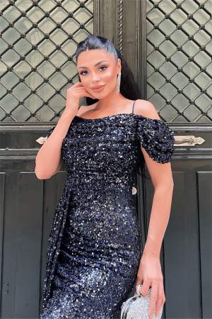 Pul Payet Kumaş Degaje Yaka Abiye Elbise - LACİVERT - 3