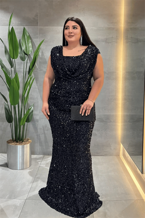 Pul Payet Kumaş Degaje Yaka Abiye Elbise - LACİVERT - Angelino Moda
