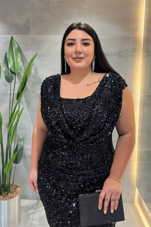 Pul Payet Kumaş Degaje Yaka Abiye Elbise - LACİVERT - Angelino Moda (1)