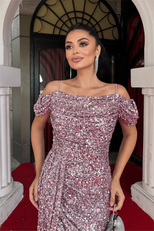 Pul Payet Kumaş Degaje Yaka Abiye Elbise - PEMBE - 3