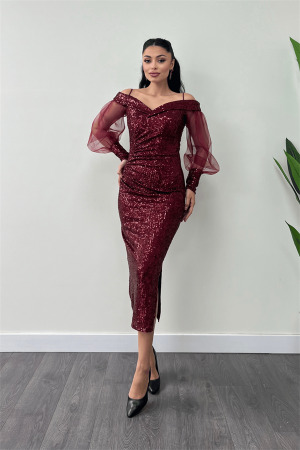 Pul Payet Kumaş Kayık Yaka Kalem Elbise - BORDO - Angelino Moda