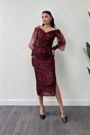 Pul Payet Kumaş Kayık Yaka Kalem Elbise - BORDO - Angelino Moda (1)