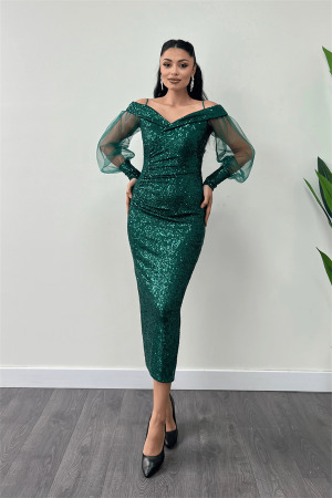 Pul Payet Kumaş Kayık Yaka Kalem Elbise - ZÜMRÜT YEŞİL - Angelino Moda