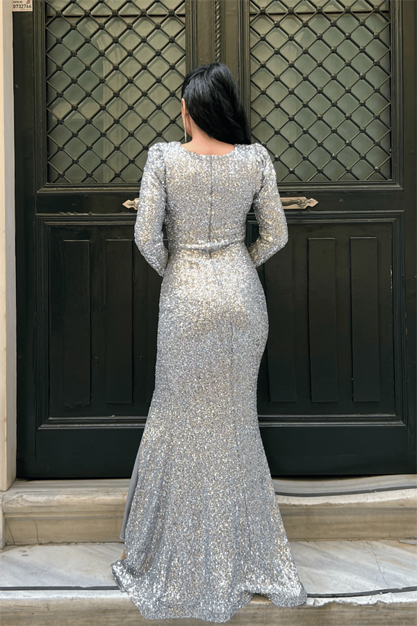 Pul Payet Kumaş Kruvaze Yaka Balık Elbise - BEYAZ - 5