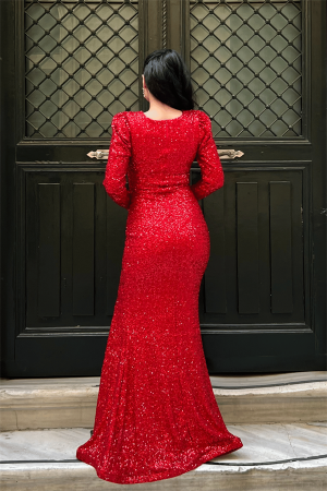 Pul Payet Kumaş Kruvaze Yaka Balık Elbise - KIRMIZI - 5