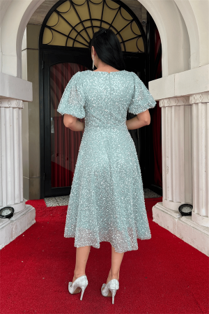 Pul Payet Kumaş Midi Boy Elbise - MİNT YEŞİLİ - 5