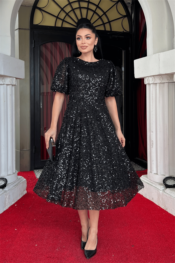 Pul Payet Kumaş Midi Boy Elbise - SİYAH - 2