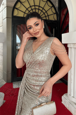 Pul Payet Kumaş Omuz Püskül Boncuk Balık Elbise - GOLD - 3