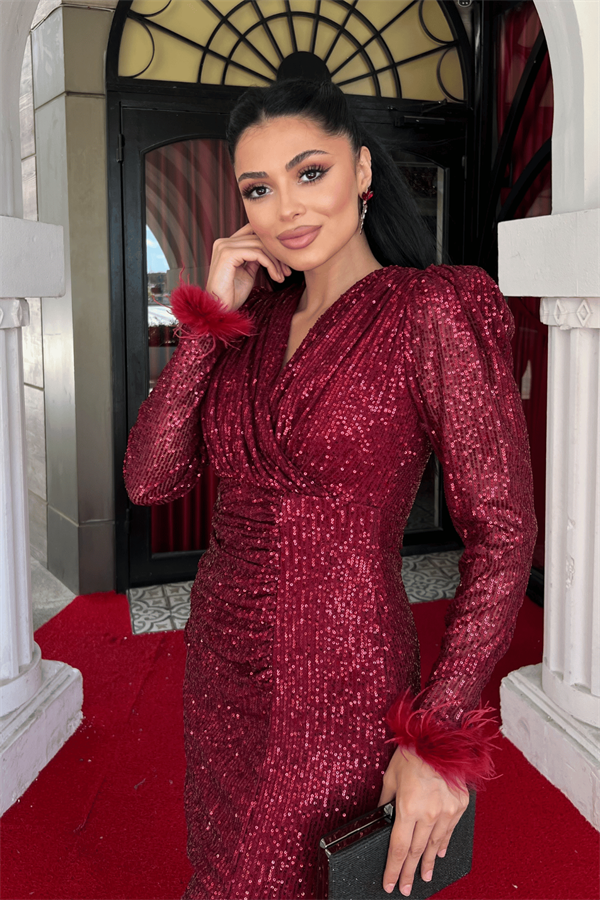 Pul Payet Kumaş Otriş Detaylı Abiye Elbise - BORDO - 4