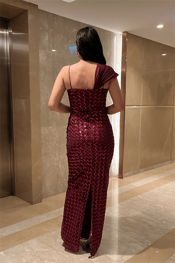 Pul Payet Kumaş Şal Detaylı Abiye Elbise - BORDO - 5