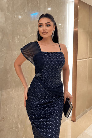 Pul Payet Kumaş Şal Detaylı Abiye Elbise - LACİVERT - 4