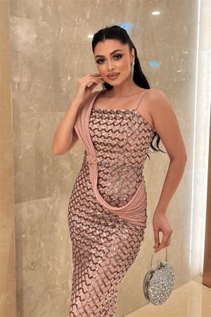 Pul Payet Kumaş Şal Detaylı Abiye Elbise - PUDRA - 4